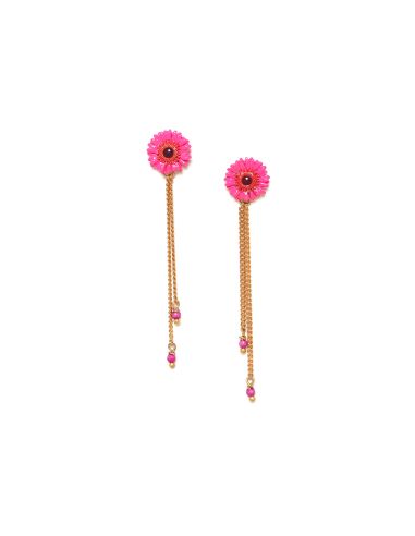 RUBY Boucles D'Oreilles Gerbera Rose 2 Chaines Franck Herval